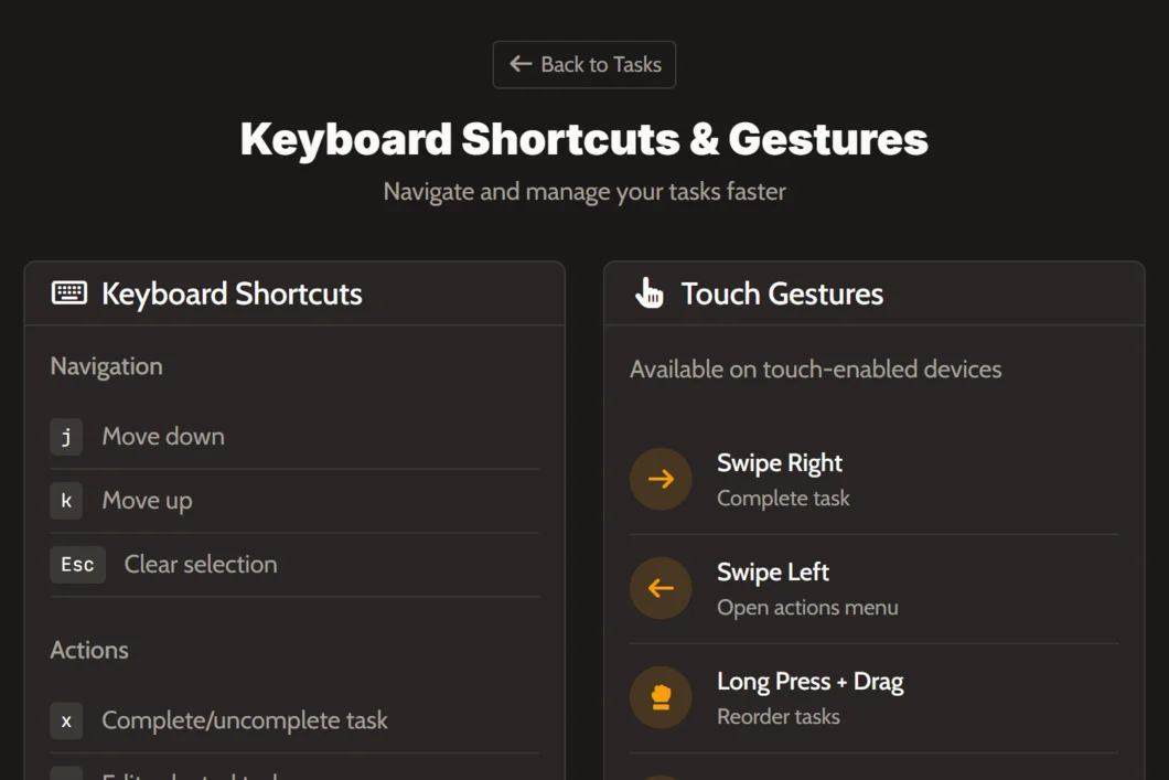 Keyboard shortcuts and touch gestures reference panels