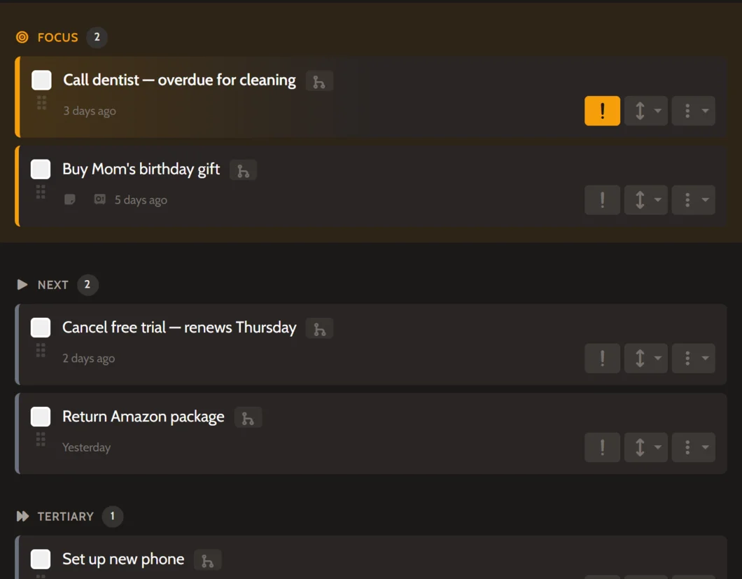 TDL home page showing Focus, Next, and Tertiary priority tiers with tasks