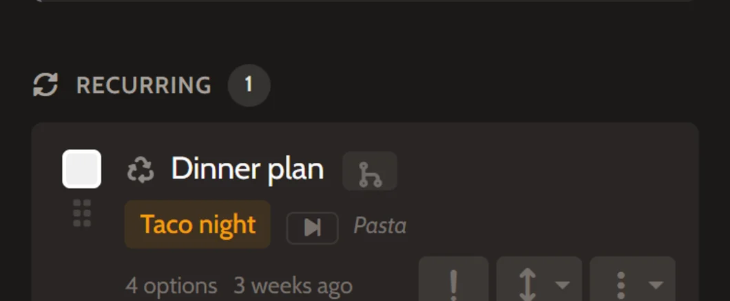 Recurring section showing a daily Dinner plan task with rotation options