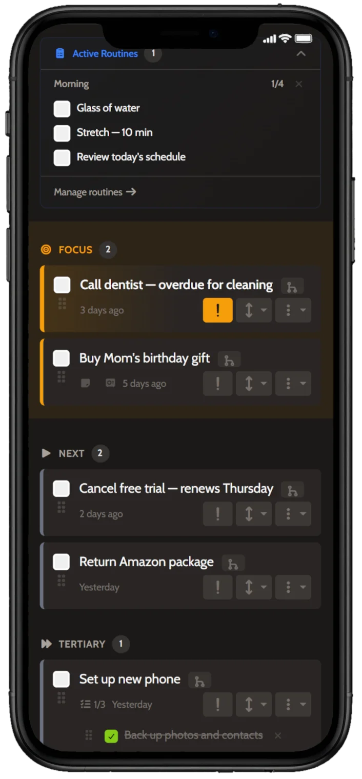 TDL app showing Active Routines, Focus, Next, and Tertiary priority tiers with tasks and subtasks